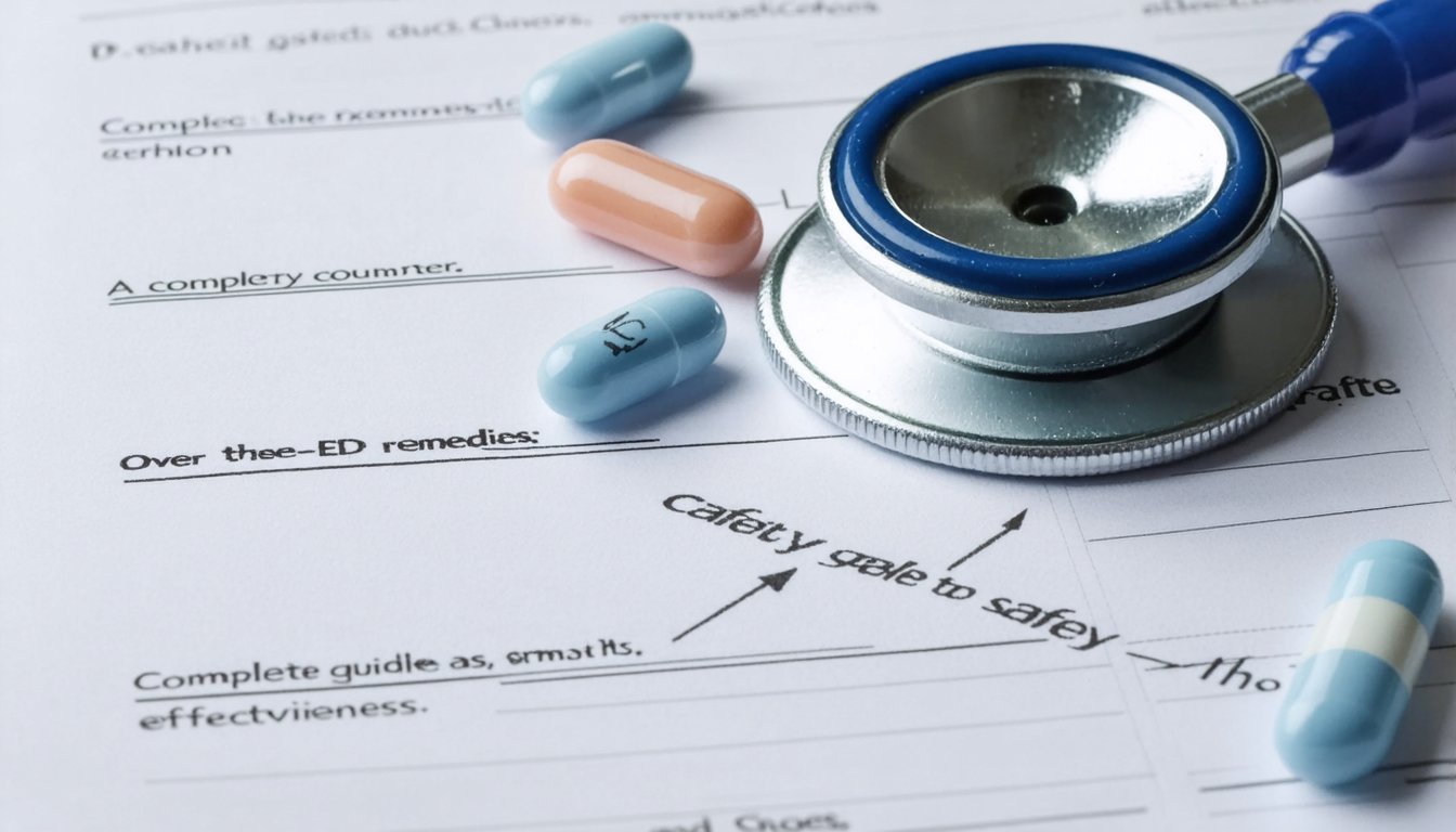 Various over-the-counter ED remedies including supplements, herbal capsules, and pharmacy products displayed on a table